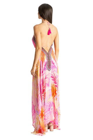 Beaded Luxe  Halter Maxi by La Moda - Pink Palm