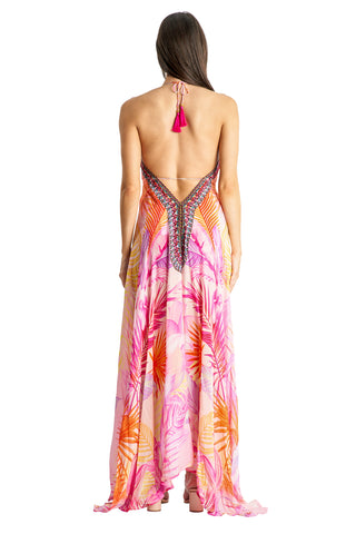 Beaded Luxe  Halter Maxi by La Moda - Pink Palm