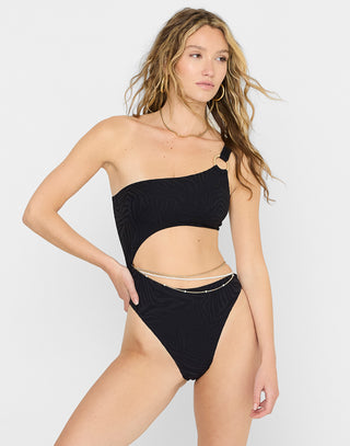 Becca One PIece in Black with Asymmetrical Style, Gold Hardware Ring, Side Cut Out Panel & Removable Belt  - Front View