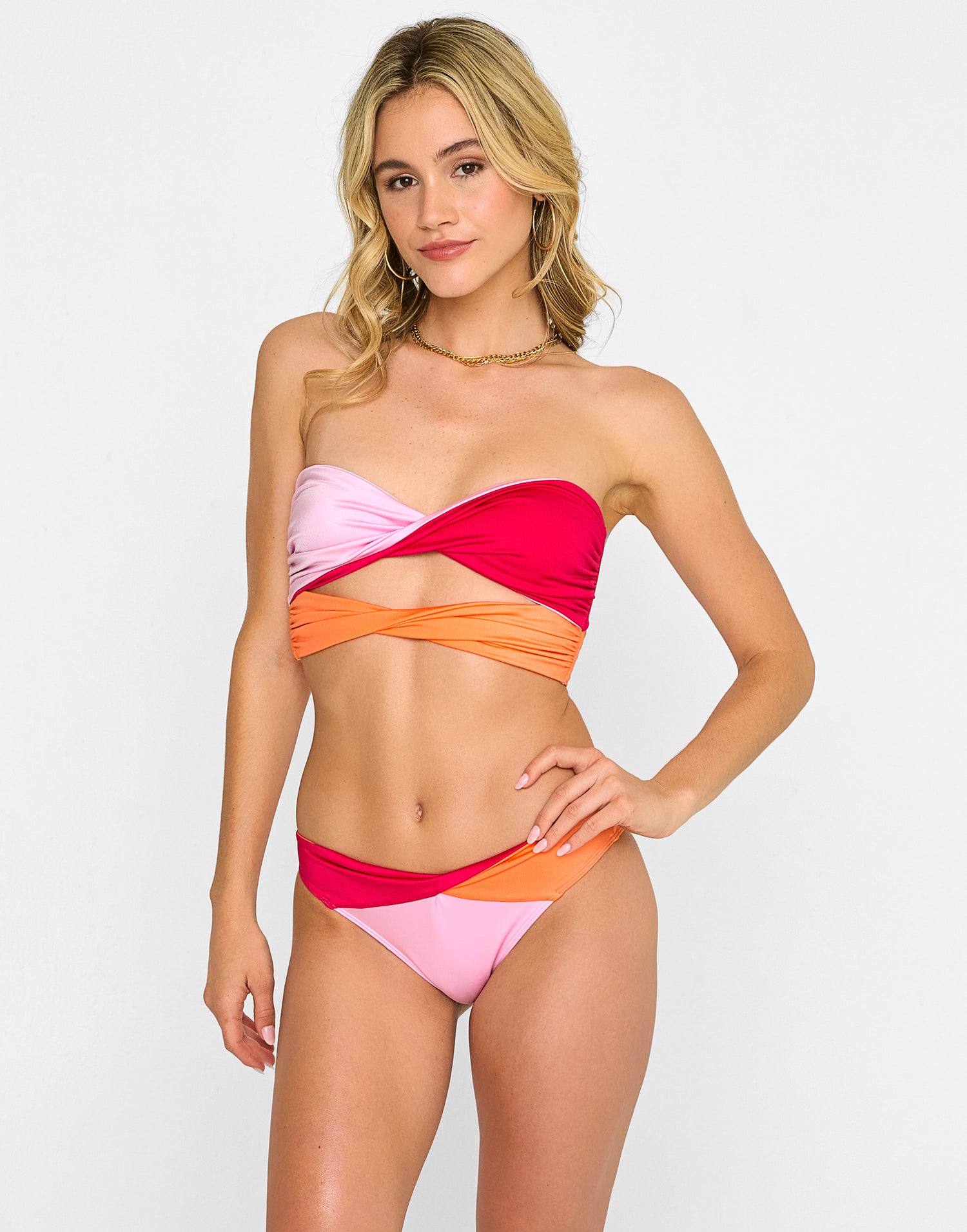 Bri Bandeau Bikini Top in Sunset Hibiscus with Cutout & Twist Details - Alternate Front View