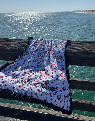 Beach Bunny Towel in Cherry Dot with Black Ruffle - Alternate Front View