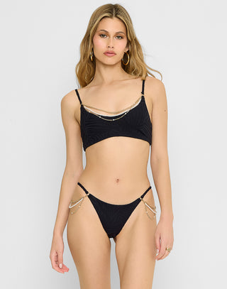 Cody Bralette Bikini Top in Black Textured Zebra Print with Removable Cascading Pearl Chains - Front View