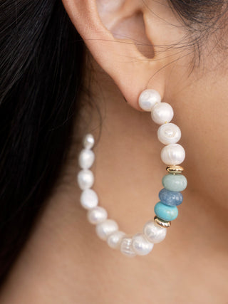 Beach Day Pearl and Gemstone Hoop Earrings