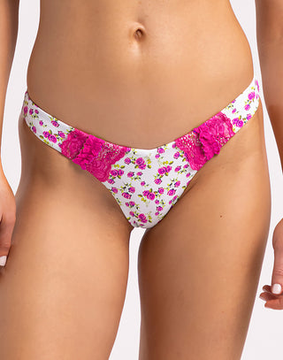 Garden of Eden Tango Brazilian Bikini Bottom in Garden of Eden White with Neon Pink Ribbon & Delicate Lace - Front Detail View