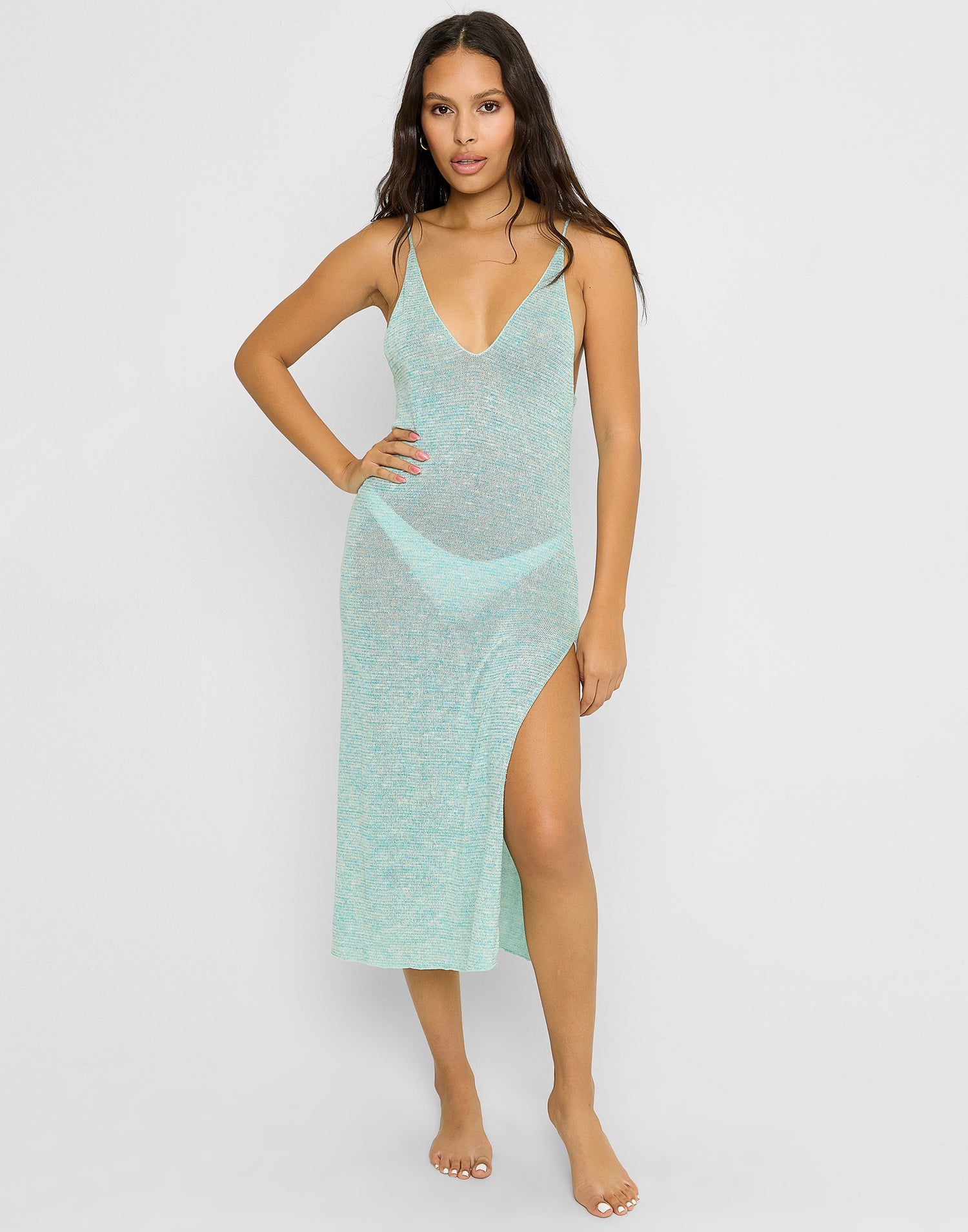 Golden Girl Maxi Dress Cover Up in Aqua with High Leg Slit - Front View
