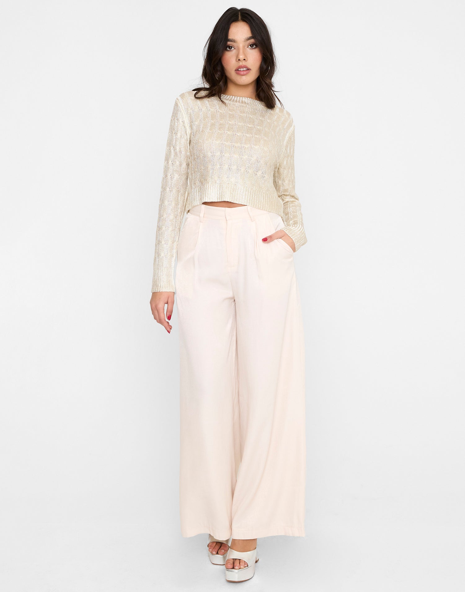 Jayda Wide Leg Pant by Summer Haus in Beige - Alternate Front View