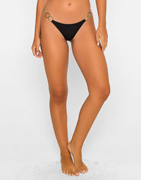 Lexi Tango Brazilian Bikini Bottom in Black with Gold Hammered Ring Hardware - Front View