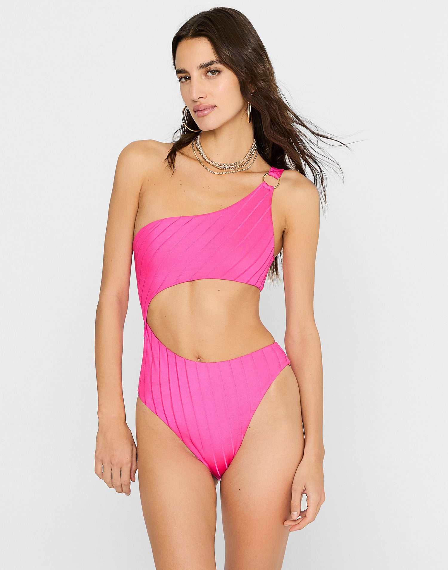 Lilly One Piece Swimsuit in Barbie Shiny Wide Rib with Side Cutout Panel & Gold Ring Hardware - Front View