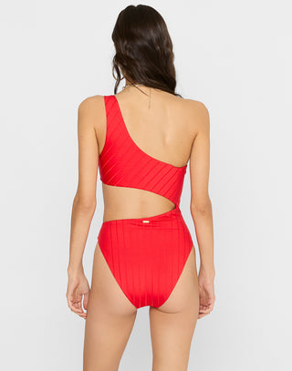 Lilly One Piece Swimsuit in Red Shiny Wide Rib with Side Cutout Panel & Gold Ring Hardware - Back View