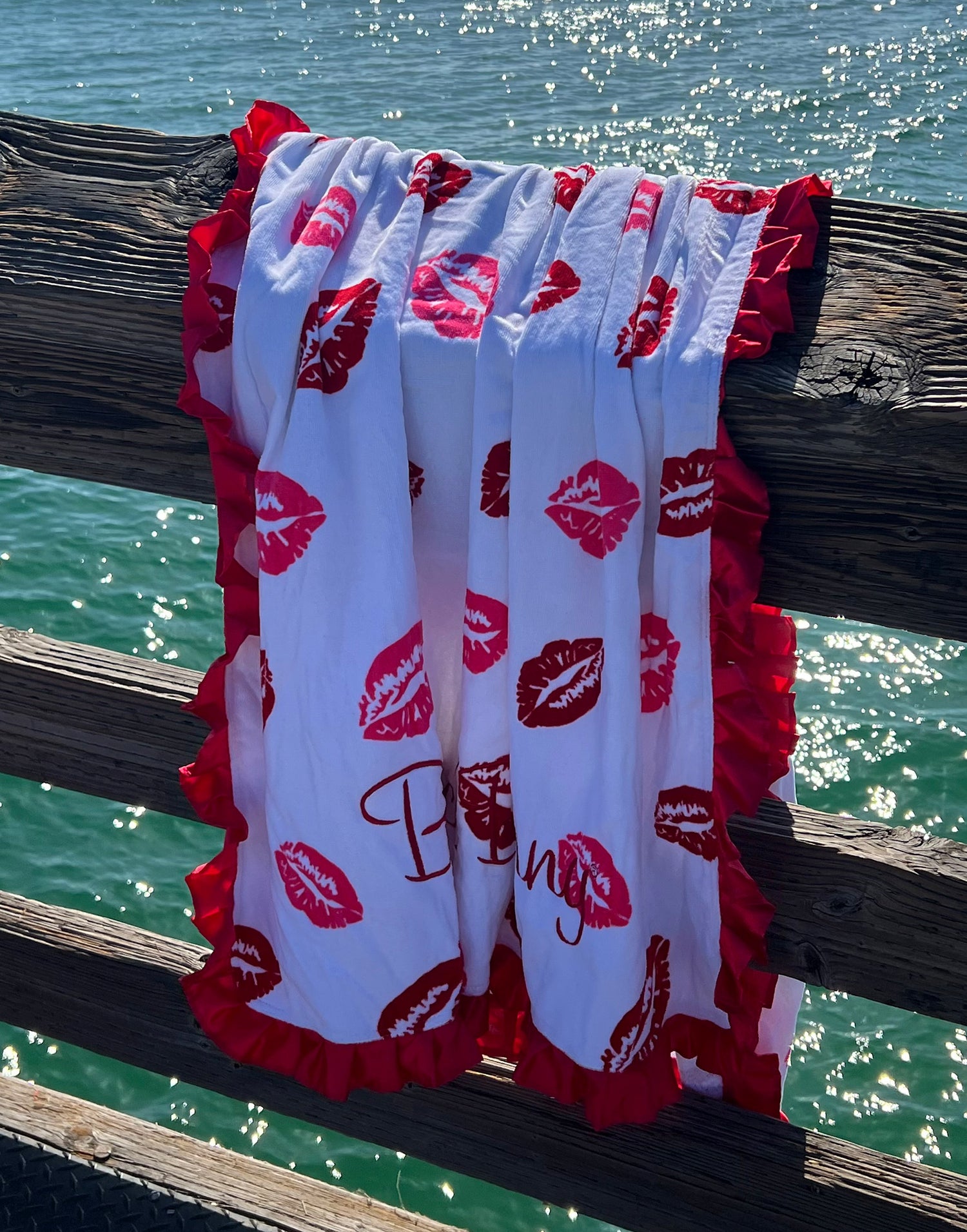 Beach Bunny Towel in Lips of an Angel with Red Ruffle - Alternate Front View