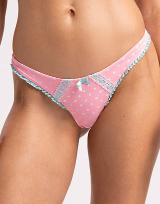 Maddie Tango Brazilian Bikini Bottom in Alegra Dot with Aqua Ribbon & Ruffle Detailing - Front Detail View