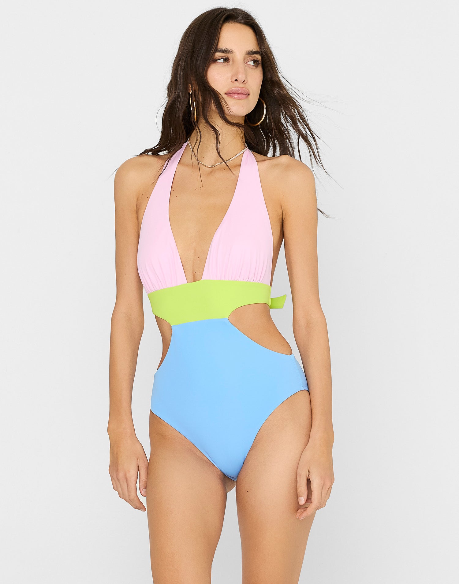 Nina Full Coverage One Piece Swimsuit in Cornflower Fields with Deep V Neckline, Side Cutout Panels & Open Back - Front View