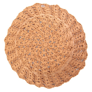 Top of a wood tan crochet bucket hat with scalloped brim. 