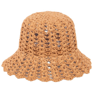 a wood tan crochet bucket hat with scalloped brim. 