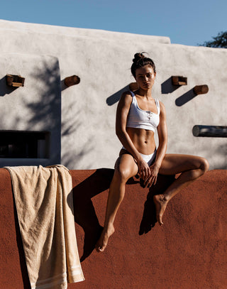 Presley Crop Bikini Top in White Shiny Wide Rib with Snap Buttons - Alternate Front View / Spring 2024 Campaign