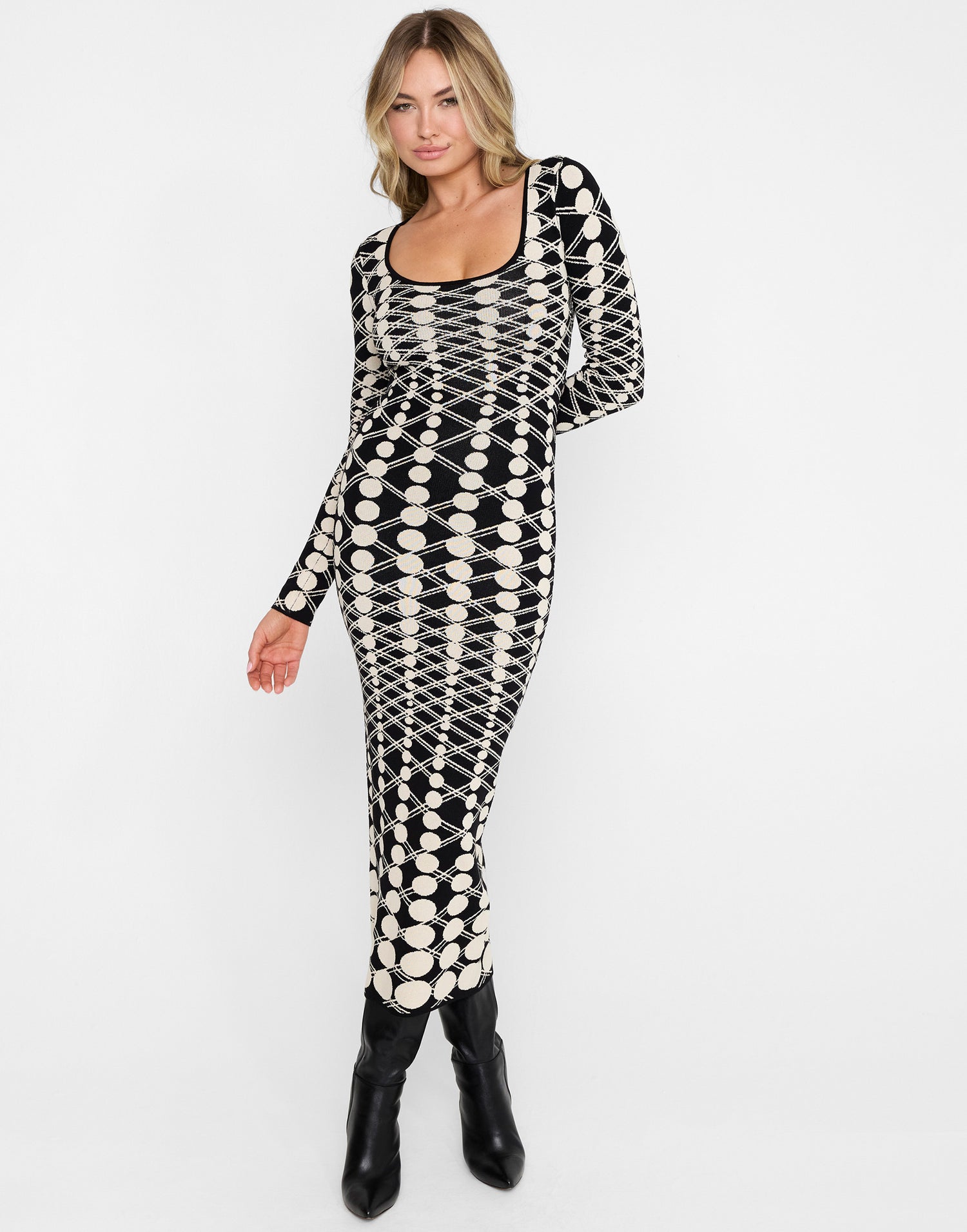Quincy Midi Dress by Summer Haus in Black/Cream - Front View
