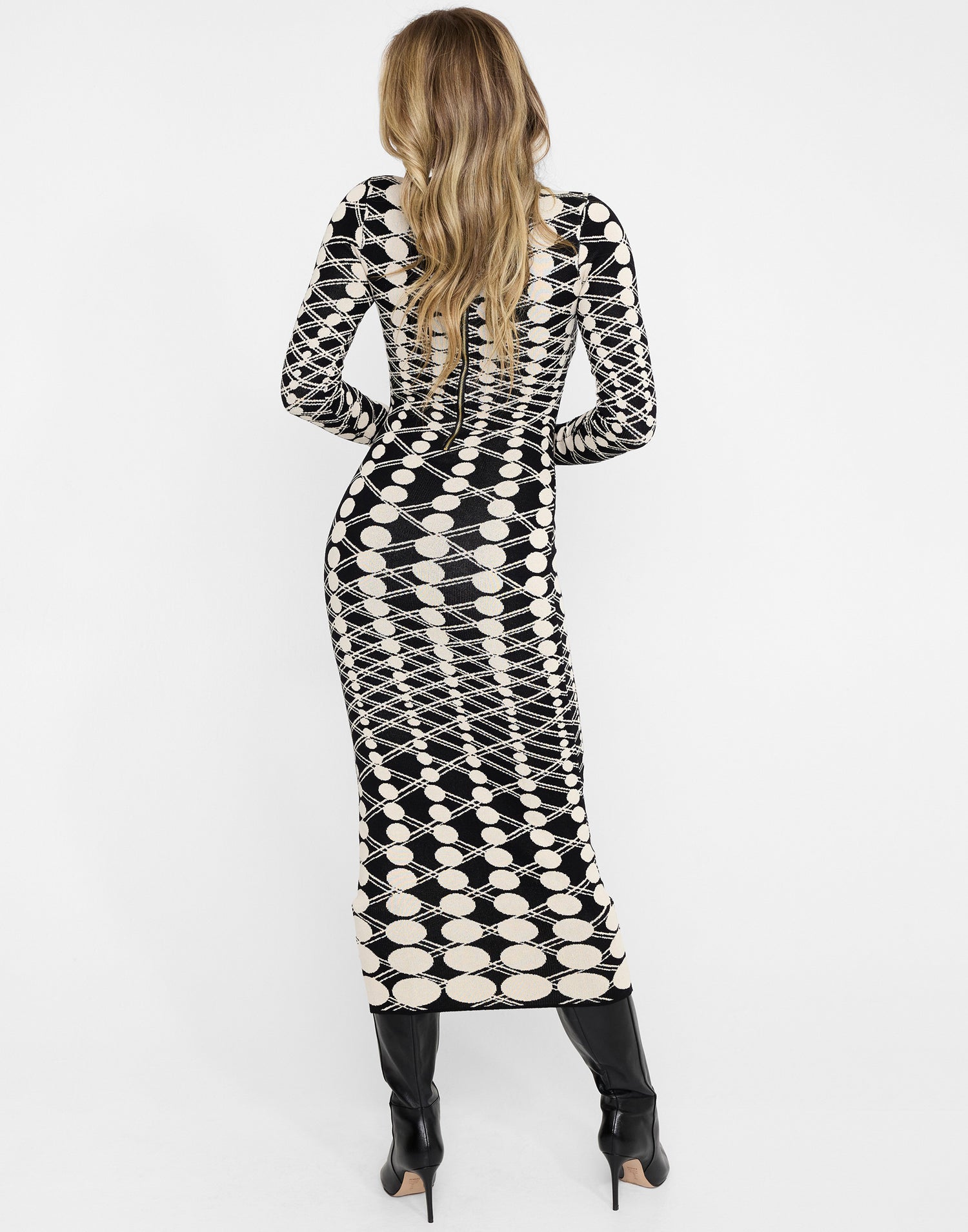 Quincy Midi Dress by Summer Haus in Black/Cream - Back View