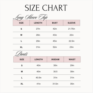 Size chart for long sleeve tops and pants on a white background