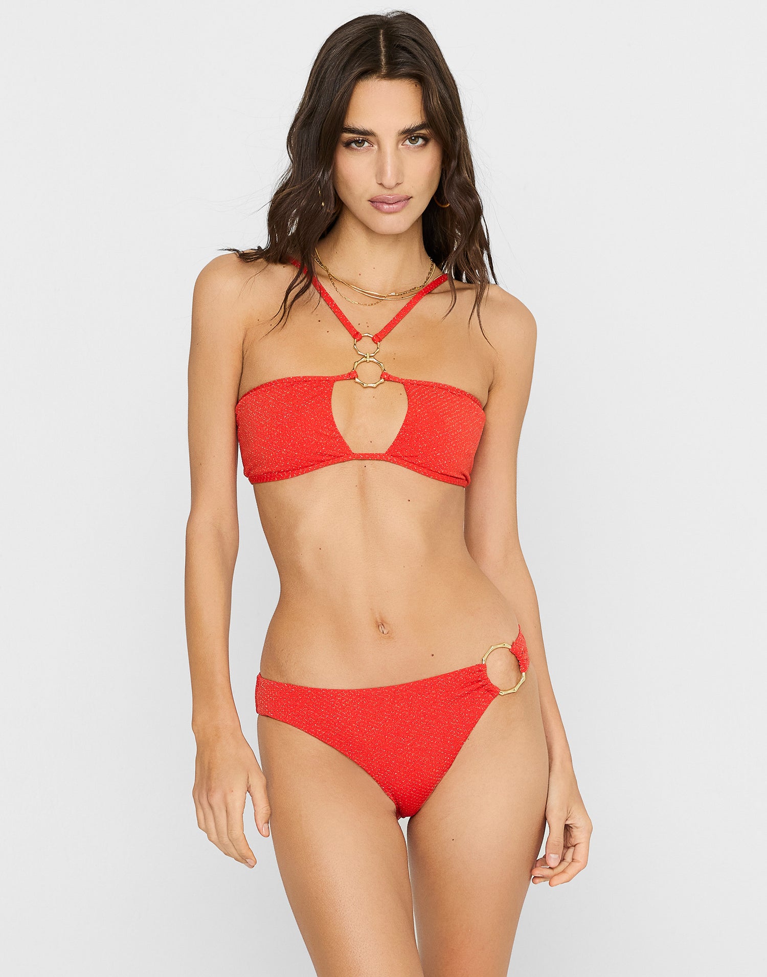 Hally Full Coverage Bikini Bottom in Red with Gold Bamboo Ring Hardware - Front View