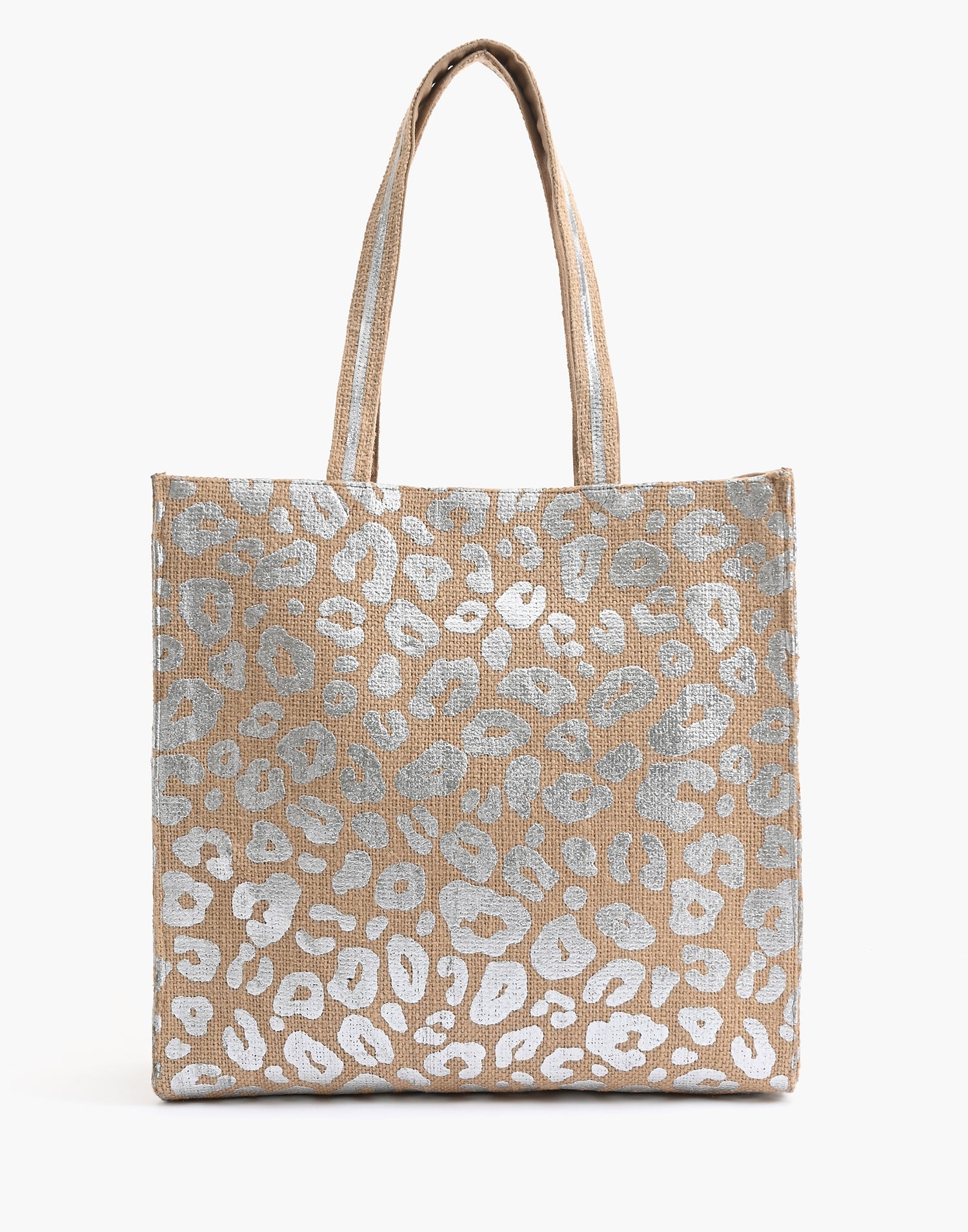 Leopard Handwoven Jute Brown Tote with Tassel by America & Beyond in Silver - Back View