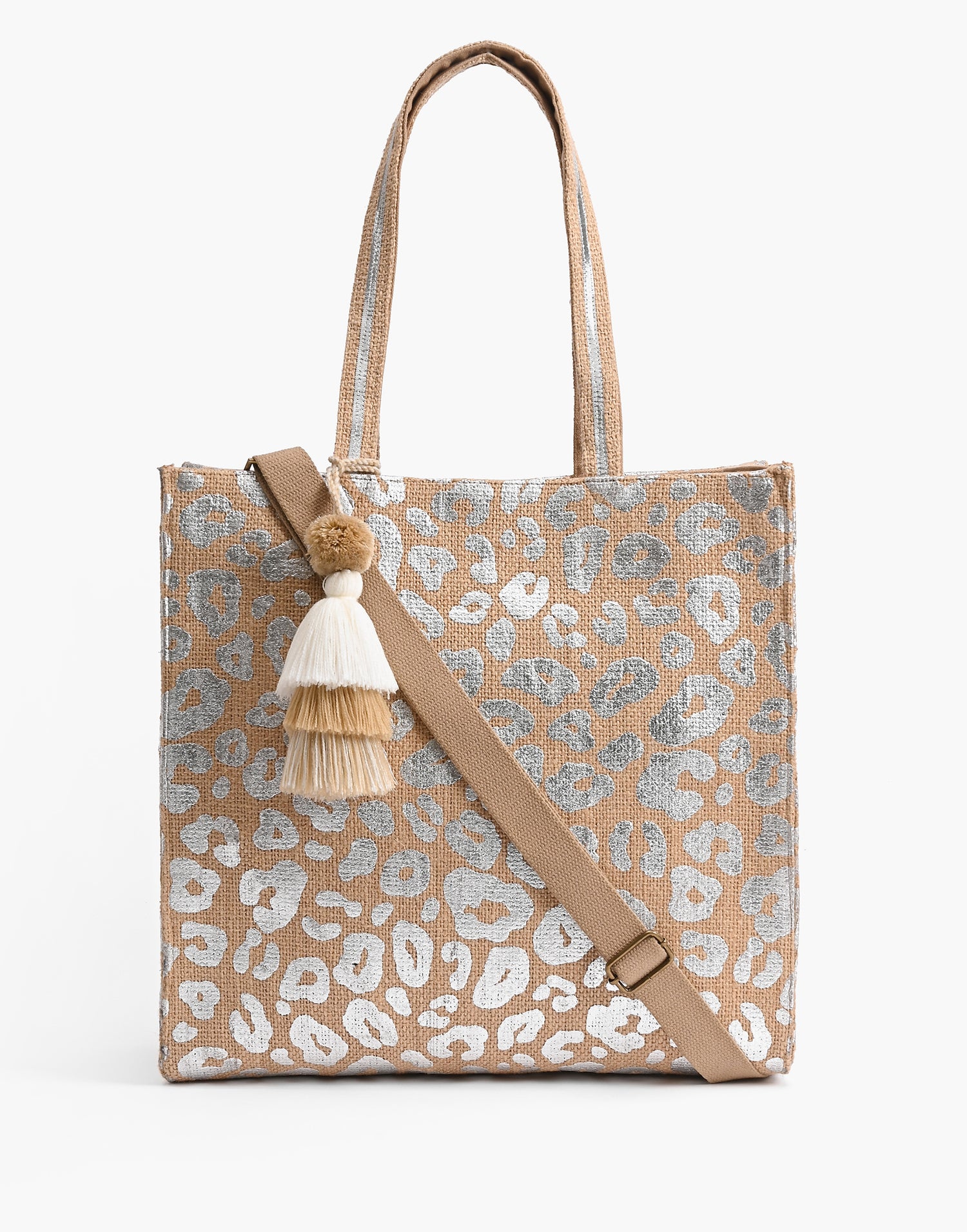 Leopard Handwoven Jute Brown Tote with Tassel by America & Beyond in Silver - Front View