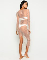 Champagne Nights Cover Up Mesh Dress in Nude with Pearl & Rhinestone Details - Alternate Back View