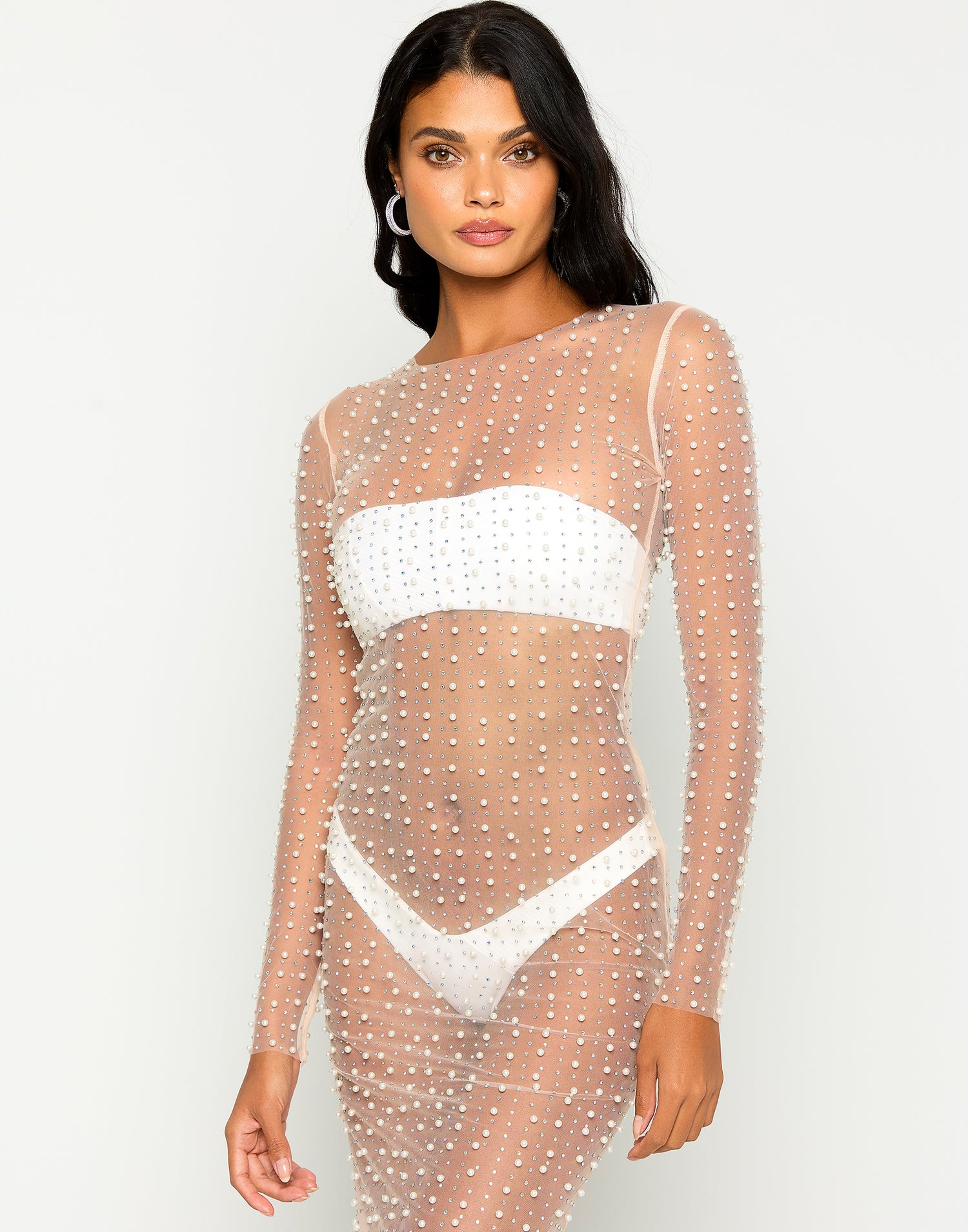 Champagne Nights Cover Up Mesh Dress in Nude with Pearl & Rhinestone Details - Alternate Front Detail View