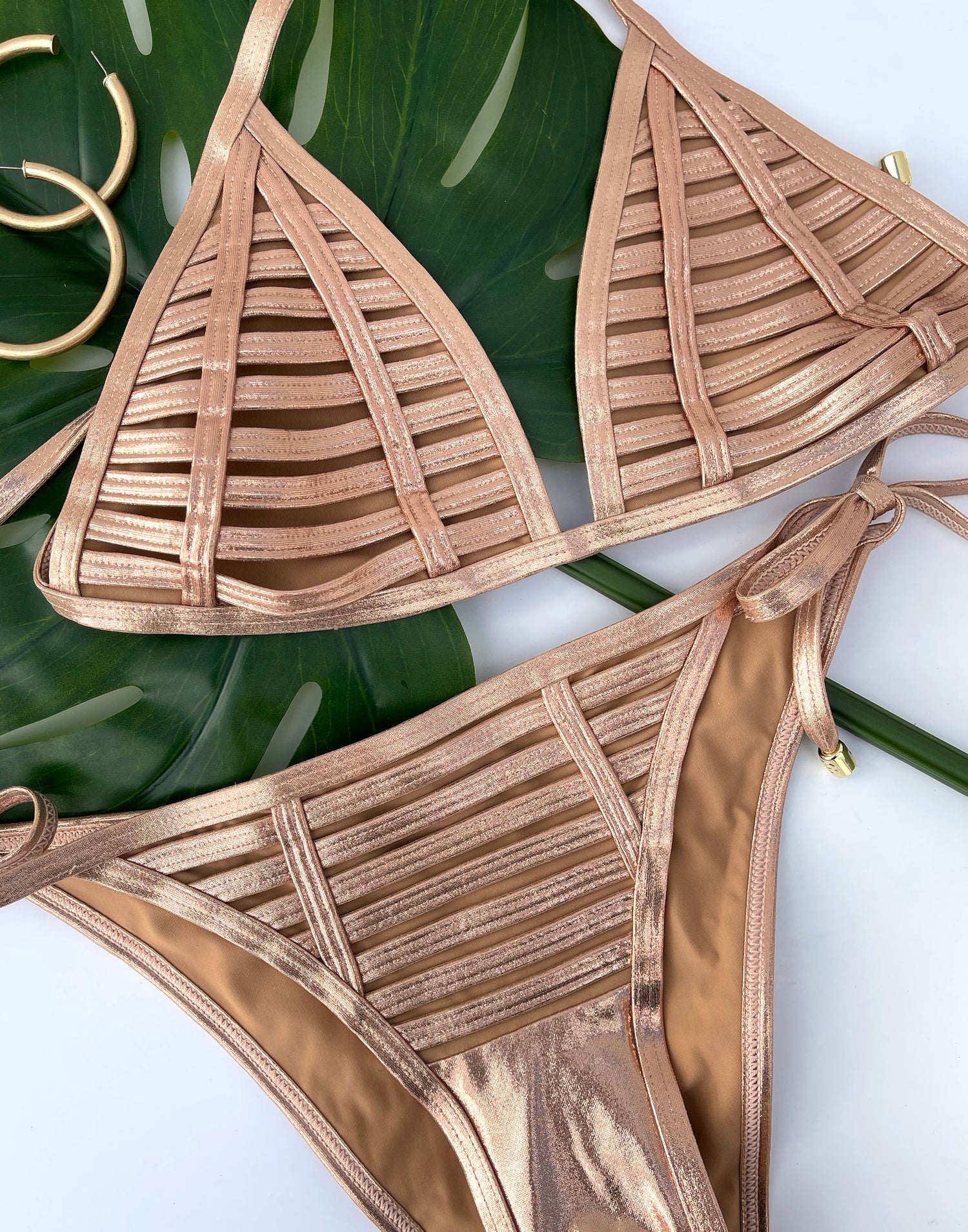 Hard Summer Triangle Bikini Top in Rose Gold with Nude Lining - Product View