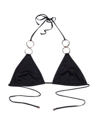 Nadia Triangle Bikini Top in Black with Gold Hammered Ring Hardware - Product Flatlay View