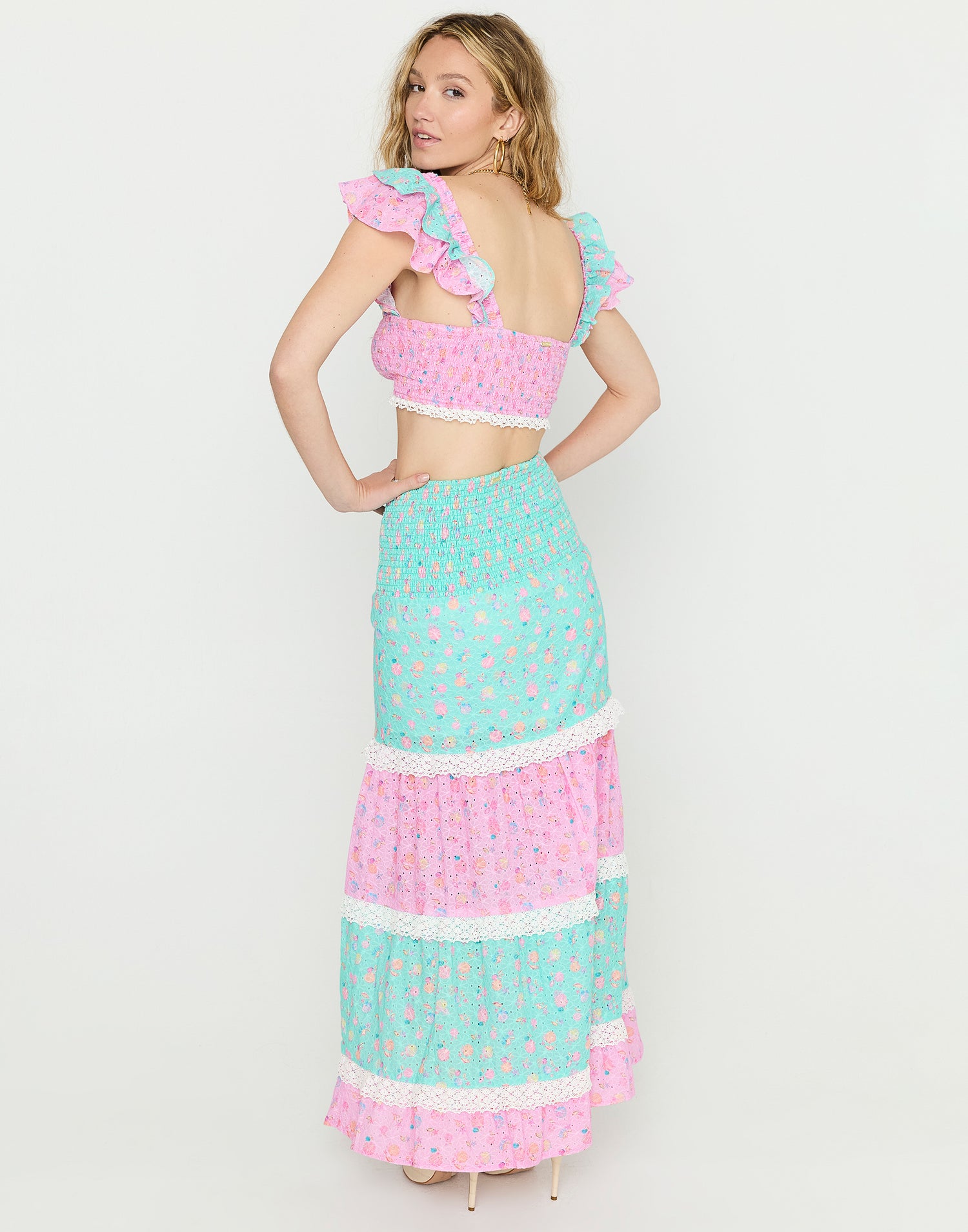 Everette Maxi Skirt in Pink Ditsy Shell with Smocked High Waistband & Crochet Trims - Back View