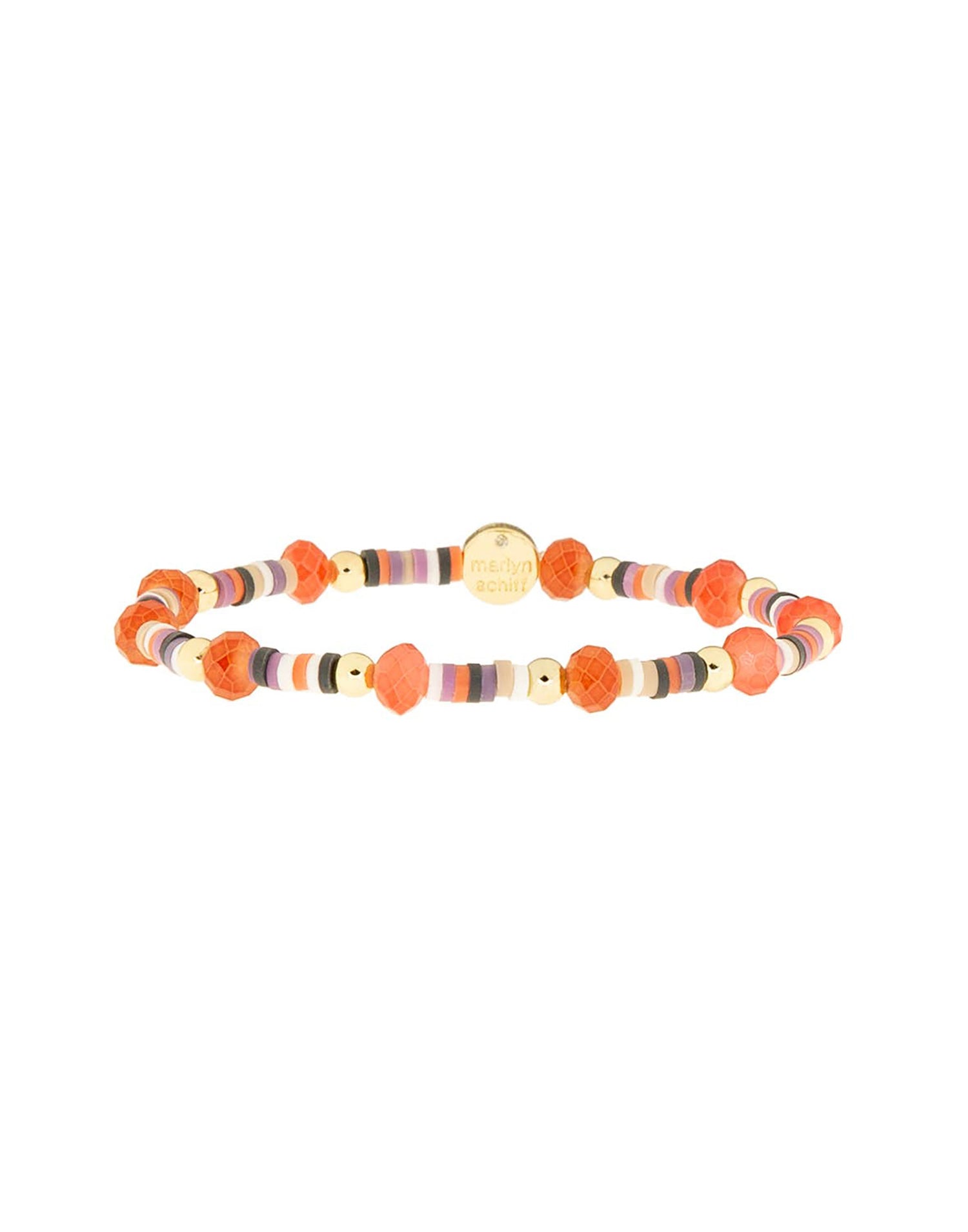Heishi Crystal Bead Stretch Bracelet by Marlyn Schiff in Gold/Coral - Product View