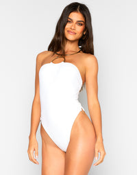 Jill Collar One Piece Swimsuit in White with Gold Hardware Pieces - Alternate Front View