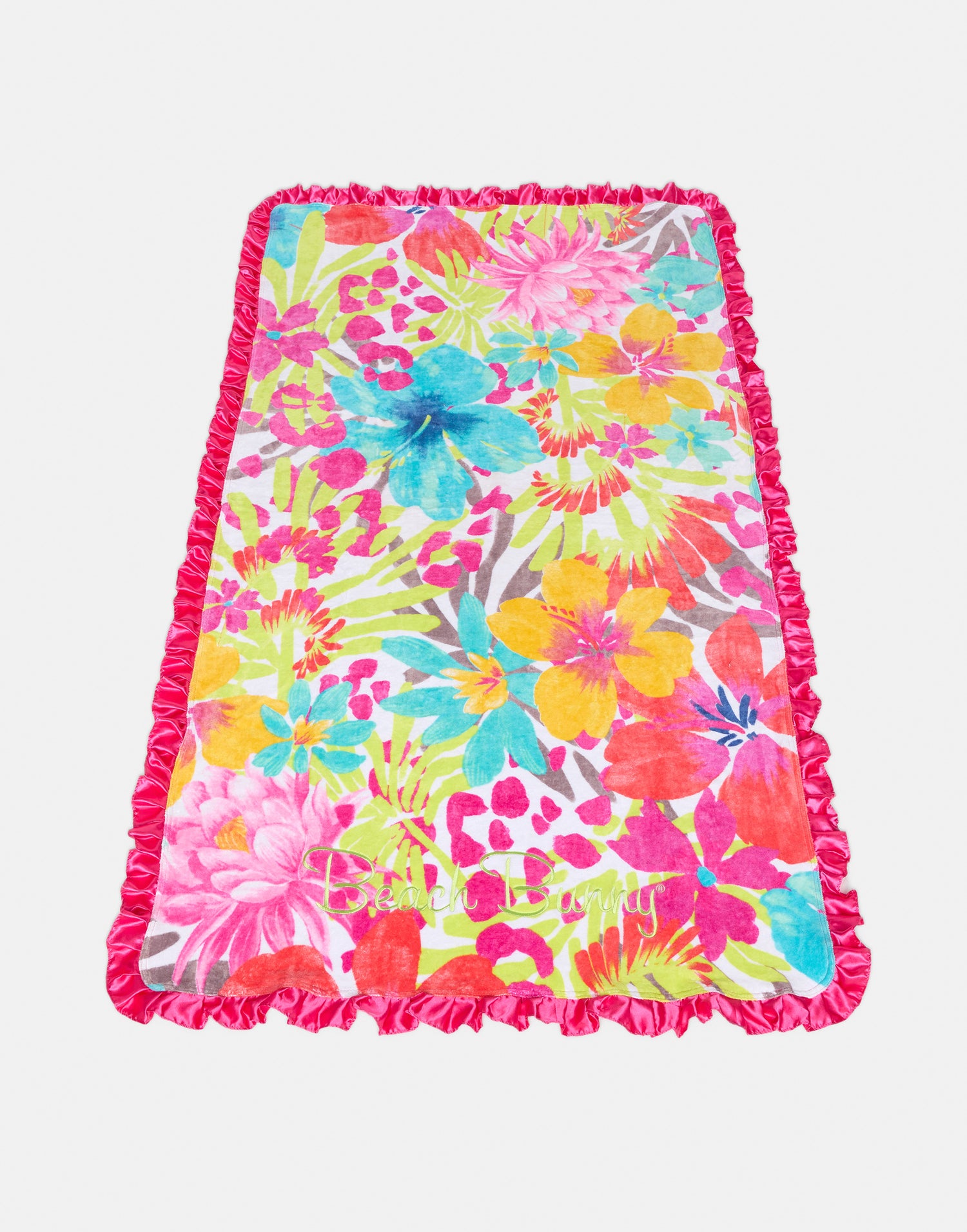 Beach Bunny Towel in Jungle Floral with Dark Pink Ruffle - Product View