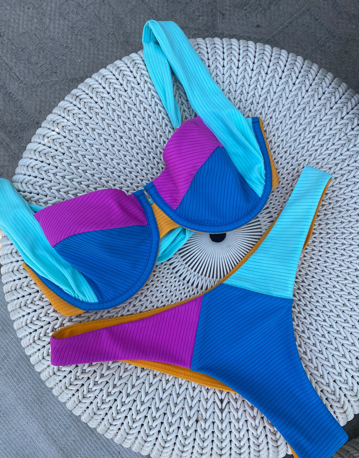Karter Bralette Bikini Top in Blue/Soleil Colorblock - Product Flat Lay View