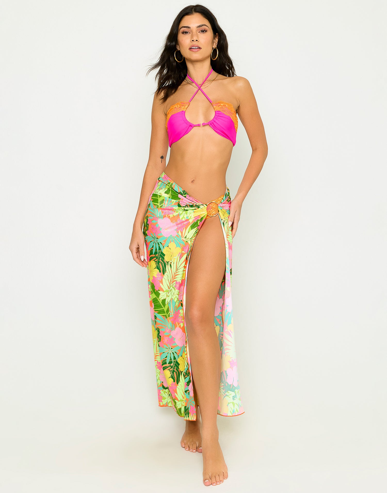Tika Maxi Skirt Sarong Cover Up in Yellow Jungle Floral with Gold Bamboo Ring Hardware - Front View