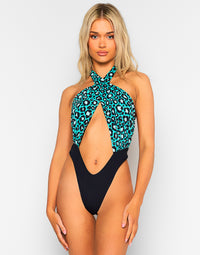 Lex Monokini Swimsuit in Teal Leopard with Minimal Coverage - Alternate Front View 