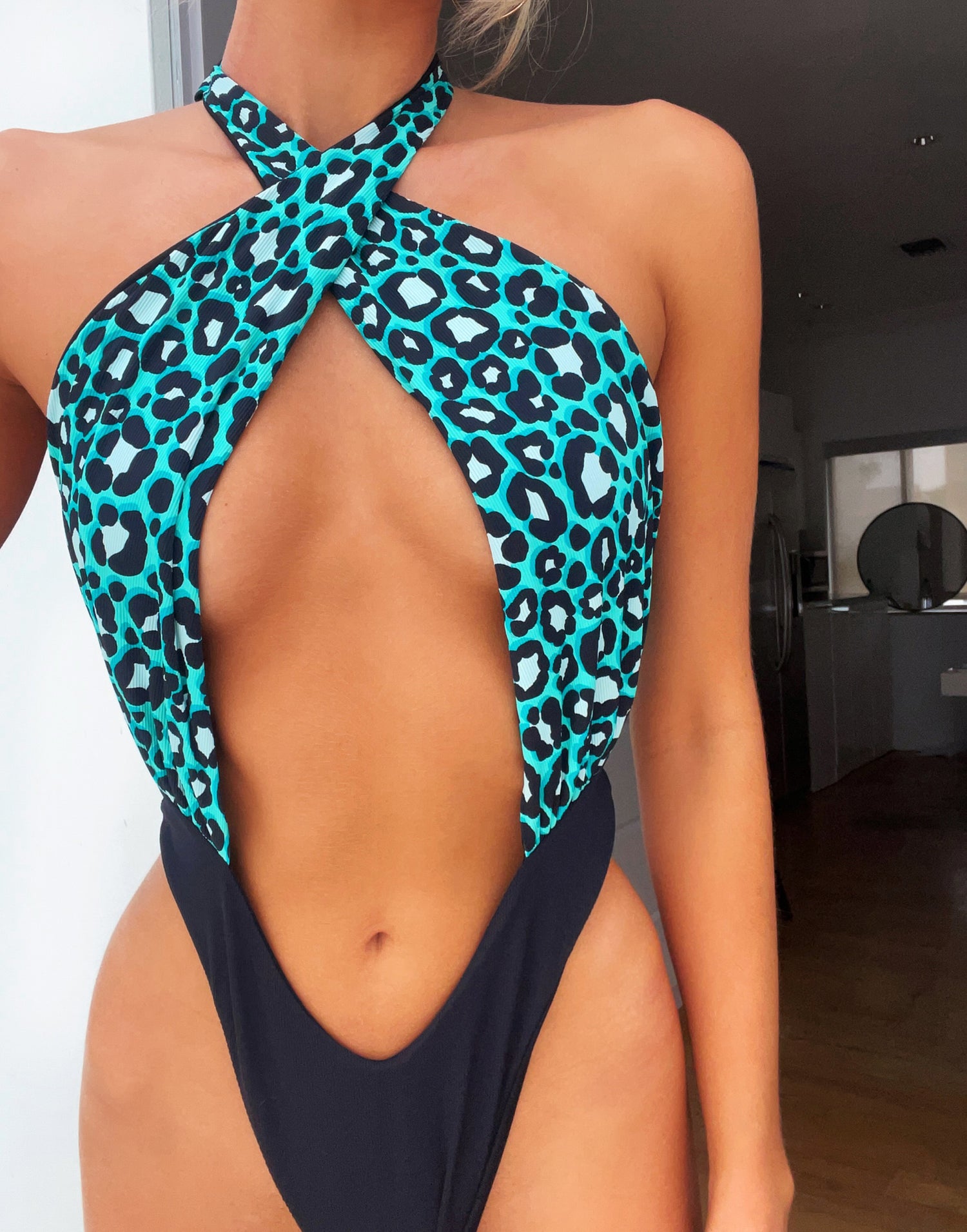 Lex Monokini Swimsuit in Teal Leopard with Minimal Coverage - Front Detail View 