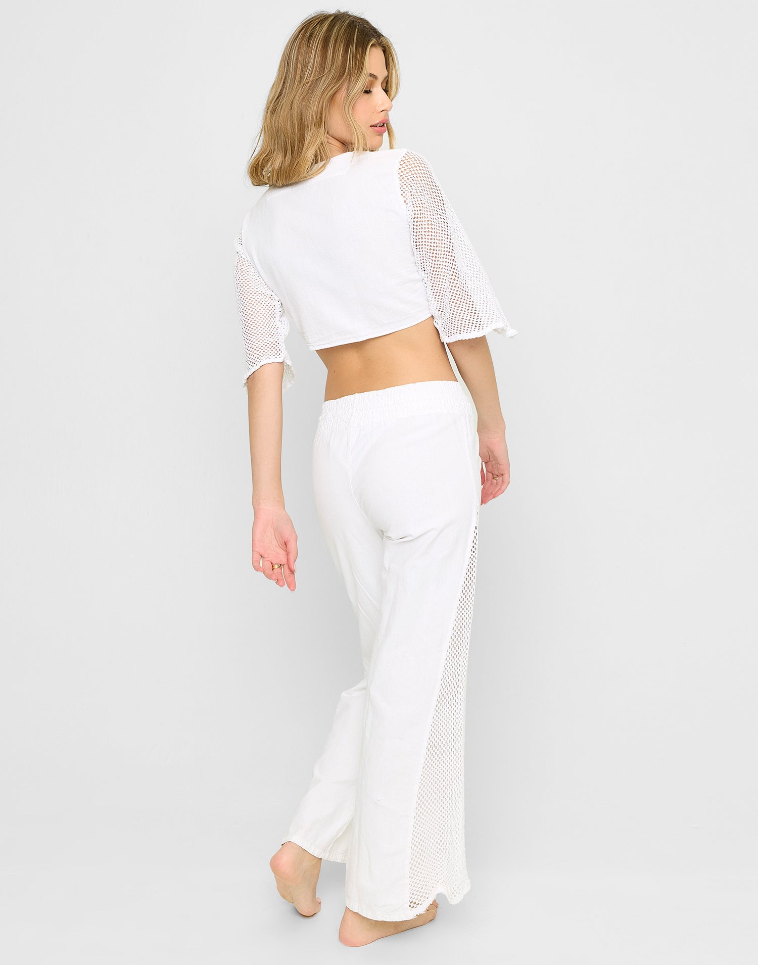 Nelly Front Tie Crop Top in White with Mesh Sleeves - Back View