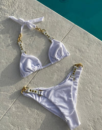 Olivia Triangle Terry Bikini Top in White with White Leather Trim Connecting to Gold Ring Hardware - Product View