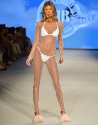 Champagne Nights Cover Up Mesh Dress in Nude with Pearl & Rhinestone Details - Alternate Front View / Spring/Summer 2023 Runway