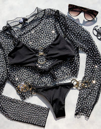 Lexi Tango Brazilian Bikini Bottom in Black with Gold Hammered Ring Hardware - Alternate Product Flatlay View