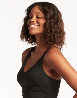 Essentials Singlet D & DD Cup Tankini Top by Sea Level in Black - Angled Detail View