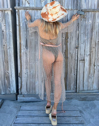 Late Night Pearl Mesh Cardigan in Nude with Rhinestone/Pearl Detail - Alternate Back View