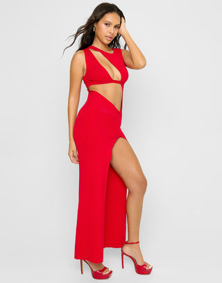 This Is It Apparel Maxi Dress by Summer Haus in Red with Sexy Cutouts & High Leg Slit - Angled View