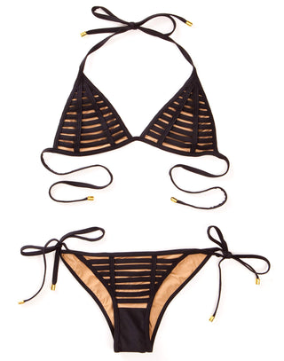 Hard Summer Triangle Bikini Top in Black with Rows of Binding & Nude Lining - Product View