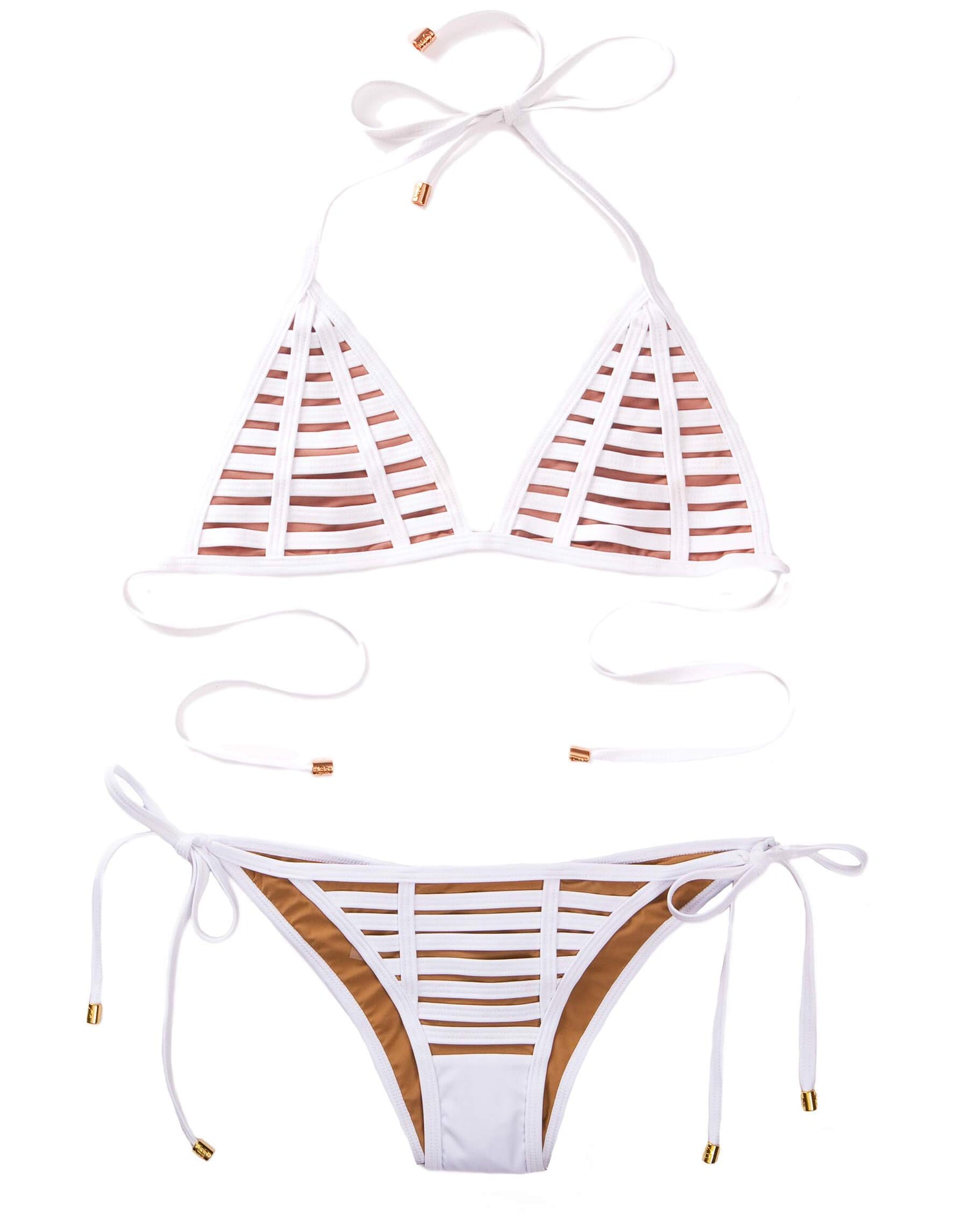 Hard Summer Tie Side Bikini Bottom in White with Rows of Binding & Nude Lining - Product View