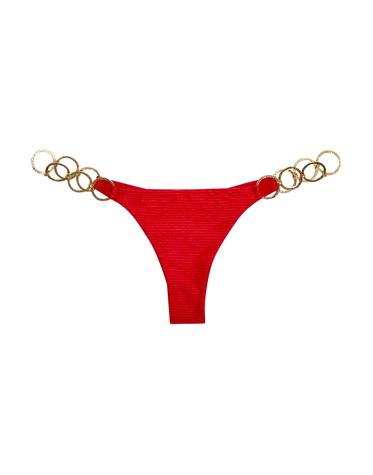 Lexi Brazilian Bikini Bottom in Red Rib with Gold Hammered Ring Hardware - Product View