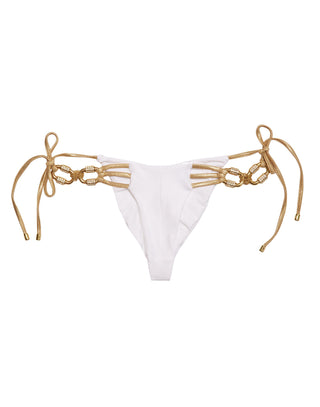 Madagascar Glam Tie Side Bikini Bottom in White Rib with Gold Hardware - product view  